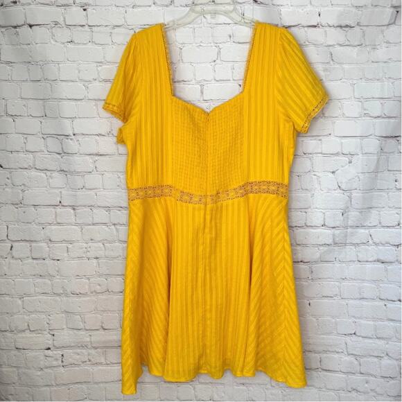 Forever 21+ Wms Yellow Cotton Fit and Flare Dress Smocked Back Crochet Lace - Picture 2 of 8